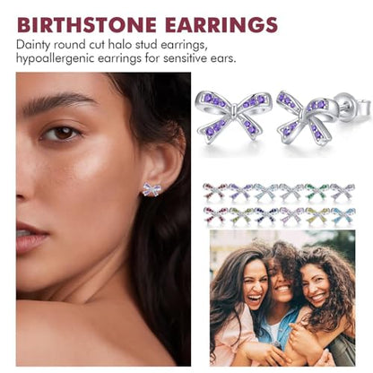 925 Sterling Silver Birthstone Bow Stud Earrings for Girls Women Bow Jewelry Birthday Gifts for Teens Kids Girls Bowknot Stud Earrings - color: 02.February