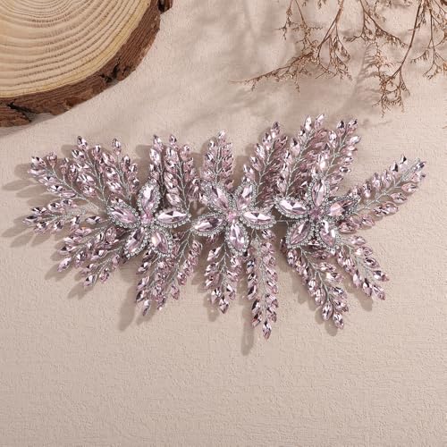 Teyglen Large Full Rhinestone Headband Flower Crystal Bride Wedding Headband Hair Vine Bridal Rhinestone Headpiece Wedding Hair Accessories for Women Party Prom (Pink) - color: Pink