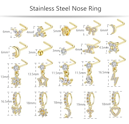 20Pcs Gold/Silver Dangle Nose Ring L Shaped Dangling Nose Stud Stainless Steel Nose Ring Studs CZ Cross Heart Snowflower Butterfly Moon Flower Dangle Nose Rings Hoops Nose Piercing 20G for Women - color: Gold