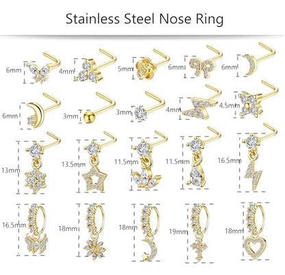20Pcs Gold/Silver Dangle Nose Ring L Shaped Dangling Nose Stud Stainless Steel Nose Ring Studs CZ Cross Heart Snowflower Butterfly Moon Flower Dangle Nose Rings Hoops Nose Piercing 20G for Women - color: Gold