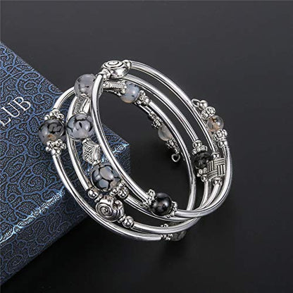 Beaded Pearl Bangle Wrap Bracelet - Fashion Bohemian Jewelry Multilayer Charm Bracelet with Thick Silver Metal Beads, Gift For Women - color: Grey