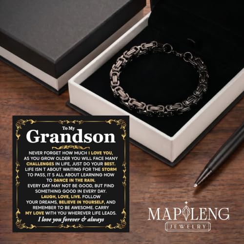 Grandson Gifts from Grandma Grandpa, Black Stainless Steel Bracelet with Meaningful Message Card, Birthday Gift for Grandson, Graduation Christmas Gift, Inspirational Keepsake Jewelry for Men - color: Grandson #5