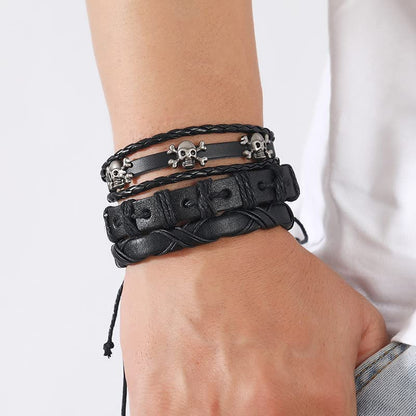 Leather Cuff Bracelet for Men Women, Multilayer Braided Wristband, Adjustable 6.5-9.5 Inches Wrap Bracelets Punk Gothic Grunge - color: Skull Star - 6Pcs