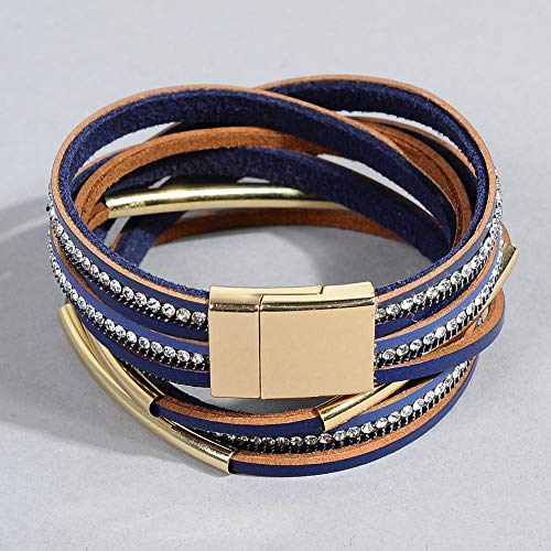 Artilady Leather Wrap Bracelet for Women, Pearl Beaded Bangle Stack Jewelry | Easy on-off, Elegant Handmade Multi-Layered, Daily Casual Date Beach Vacation, Gift for Ladies, Mother, Sister & Friend - style: Blue with Gold bar
