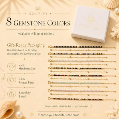 2Pcs Beaded Anklets for Women, Natural Stone Bead Ankle Bracelets with 14K Gold Plated Chain, Waterproof Adjustable Layered Anklet Set, Boho Beach Summer Jewelry Gift - color: Rainbow Tourmaline