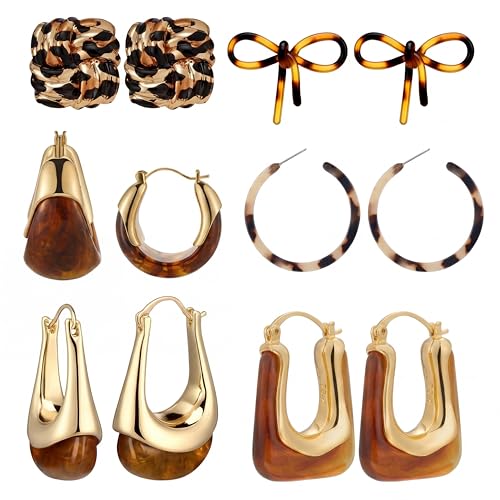 Sureio 6 Pairs Tortoise Shell Earrings for Women Leopard Resin Earrings Resin Brown Chunky Gold Hoops Jewelry Gift