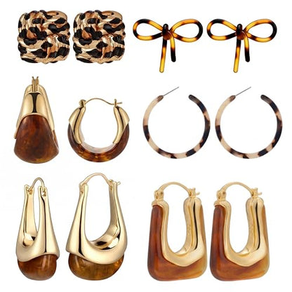 Sureio 6 Pairs Tortoise Shell Earrings for Women Leopard Resin Earrings Resin Brown Chunky Gold Hoops Jewelry Gift