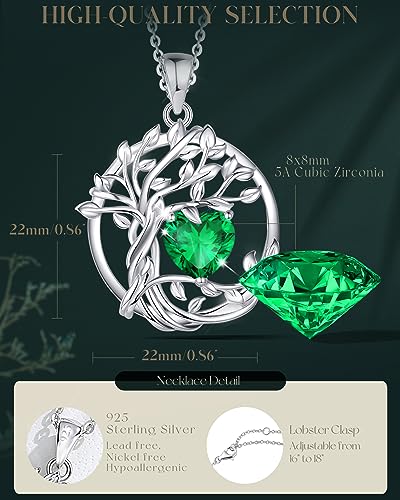 FANCIME Tree of life Birthstone necklace Sterling Silver Pendant Birthstone Necklace Gemstone Anniversary Birthday Jewelry Mothers Day Gifts for Mom Her Wife - color: May-Emerald