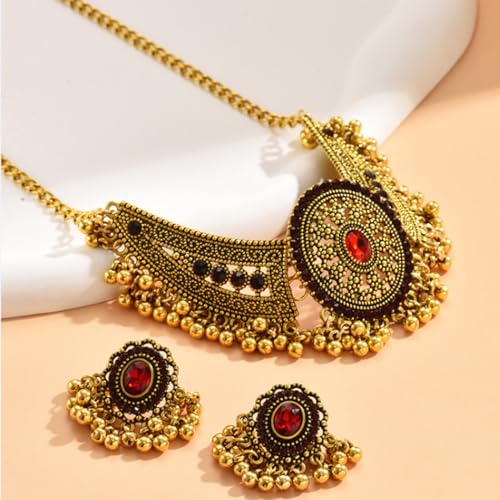 Frodete Indian Jewelry Sets for Women Traditional Bohemian Wedding Jewelry Set Indian Dresses for Women Oxidized Ethnic Party Prom Wear - color: C2:red indian necklace earring sets
