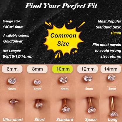 14G Small Belly Button Rings for Women 316L Stainless Steel | Tiny Internally Threaded Navel Rings, Rook Piercing Jewelry, Eyebrow Rings, Hypoallergenic Curved Barbells, 6-16MM, 5PCS - color: 14G/10MM Bar/Gold