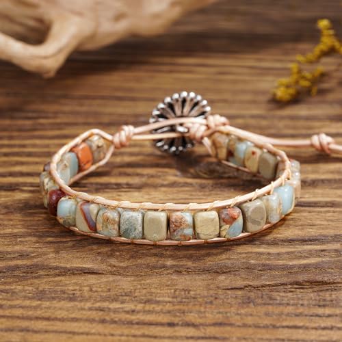 Plumiss Women Boho Handmade Natural Stone Crystal Leather Bead Wrap Bracelets Collection - style: Agalmatolite 1W