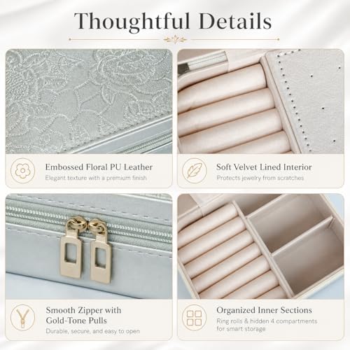 Travel Jewelry Box, Portable jewelry organizer with Embossed PU Leather Small Jewelry Box with Zipper, Velvet Lined Ring Earring Necklace Case for Travel, 6.3 x 4.7 x 2.4 in - color: Silver