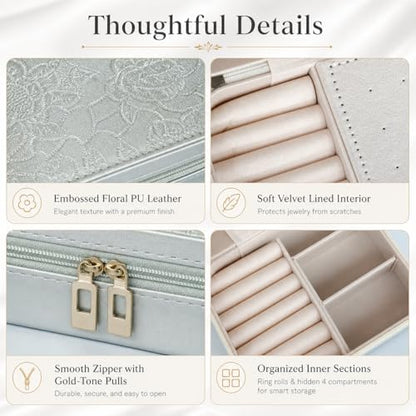 Travel Jewelry Box, Portable jewelry organizer with Embossed PU Leather Small Jewelry Box with Zipper, Velvet Lined Ring Earring Necklace Case for Travel, 6.3 x 4.7 x 2.4 in - color: Silver