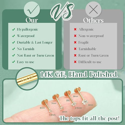 LOLIAS 14K Gold Plated Threadless Nose Studs, Nose Rings for Women 20G 18G | Hypoallergenic 316L Surgical Steel Labret Studs, Push In Flat Back Earrings, CZ Nose Nostril Tragus Helix Piercing Jewelry - color: 14K Gold Plated, size: 20G-1.5/2/2.5/3mm CZ