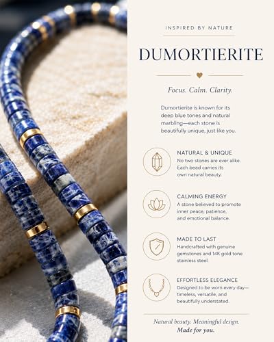 Natural Heishi Gemstone Choker Necklace for Women, Adjustable 15"+2" Beaded Layering Necklace, Coastal Beach Jewelry Gift for Her - color: Dumortierite