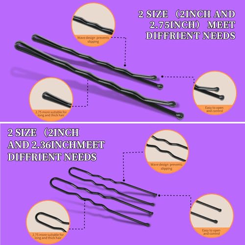 Teenitor 300pcs Hair Pins Bobby Pins Black, 100 Black Bobby Pins 2" 2.75"100 Hair Pins for Women and 100 Clear Hair Bands Kit, U Pins for Buns 2" 2.36" - color: Black