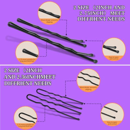 Teenitor 300pcs Hair Pins Bobby Pins Black, 100 Black Bobby Pins 2" 2.75"100 Hair Pins for Women and 100 Clear Hair Bands Kit, U Pins for Buns 2" 2.36" - color: Black