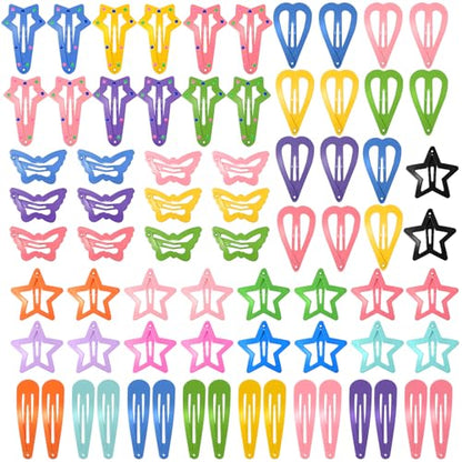 obeoby 82Pcs Colorful Snap Hair Clips for Girls Toddler kid Small Barrettes | Metal 5 Shapes Heart Star Butterfly Hair Pins, Cute Accessories for Baby Girl Toddler Kids, Birthday Back To School Gifts