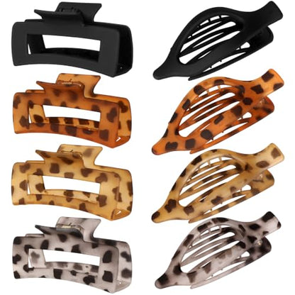 Hair Clips for Women, Flat Hair Clips, 8 pcs, 2style - Matte Leopard | 4.3 Inch Large Square Hair Claw Clips & Flat Hair Clips, Thick & Thin Hair, Hair Accessories for Women, Strong Hold Non-Slip - color: Matte Leopard