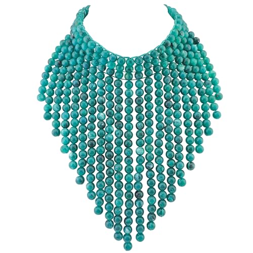 Coiris Boho African Wooden or Acrylic Beaded Bib Statement Necklace Strands Layered Cluster Chunky Collar Choker Wood Necklace for Women Fashion Costume Jewelry - color: Teal