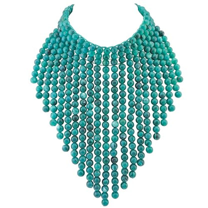 Coiris Boho African Wooden or Acrylic Beaded Bib Statement Necklace Strands Layered Cluster Chunky Collar Choker Wood Necklace for Women Fashion Costume Jewelry - color: Teal