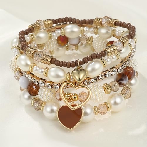 Bohemian Multilayered Faux Pearl Beaded Heart Pendant Crystal Zircon Stackable Multicolor Bracelets Set for Women Handmade Friendship Summer Beach Stretch Bangle Jewelry - color: brown