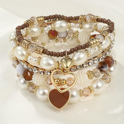 Bohemian Multilayered Faux Pearl Beaded Heart Pendant Crystal Zircon Stackable Multicolor Bracelets Set for Women Handmade Friendship Summer Beach Stretch Bangle Jewelry - color: brown