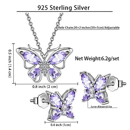 925 Sterling Silver Birthstone Butterfly Jewelry Women Crystal Animal Cute Butterflies Birthday Necklace/Earring/Ring/Bracelet Sets Birth Stone Statement Anniversary Jewellery - color: 1-F.June-Alexandrite