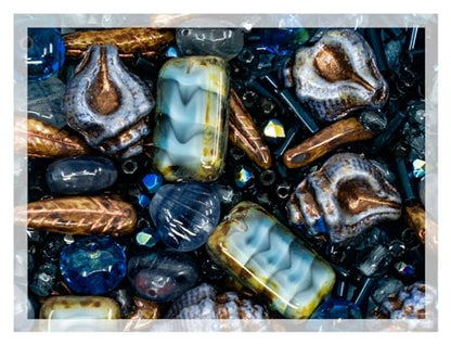 2.1oz (60 g) Mix of Unique Czech Bohemia Glass Pressed Beads, Dark Blue, Table Cut, Matte and Glossy, Faceted Fire Polish, Hand Made Set Kit BCV - color: Dark Blue Copper