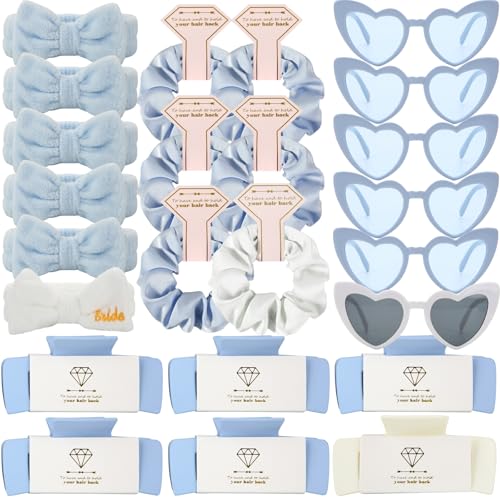Bridesmaid Scrunchies Proposal Hair claws clips Set of 12 Bridal Shower heart sunglasses Gifts for Wedding Bachelorette Party Favors (24pcs White&Dusty Blue headband) - color: 24pcs White&Dusty Blue headband