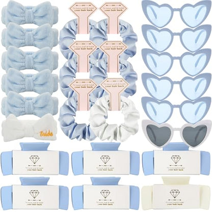 Bridesmaid Scrunchies Proposal Hair claws clips Set of 12 Bridal Shower heart sunglasses Gifts for Wedding Bachelorette Party Favors (24pcs White&Dusty Blue headband) - color: 24pcs White&Dusty Blue headband
