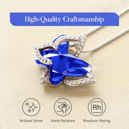 Butterfly Necklace, Birthstone Crystal, for Women, Silver Tone Pendant Jewelry, Anniversary Birthday Gift for Her, Wife & Mom, 18"+2" - color: 13-Healing Stone for Wisdom - Cobalt Blue Crystal