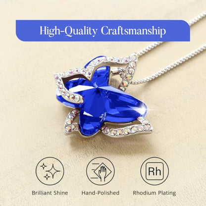 Butterfly Necklace, Birthstone Crystal, for Women, Silver Tone Pendant Jewelry, Anniversary Birthday Gift for Her, Wife & Mom, 18"+2" - color: 13-Healing Stone for Wisdom - Cobalt Blue Crystal