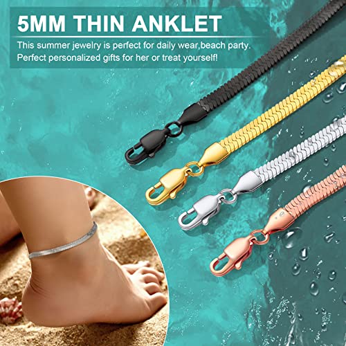 GoldChic Adjustbale Link Chain Anklet for Women Summer Jewelry, 316L Stainless Steel Figaro/Wheat/Twist Rope/Cuban Foot Bracelet-Waterproof, Resizable 9"-12" (Gift Box Included) - color: 6, Herringbone - Stainless Steel-5mm