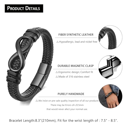 Men's Leather Infinity Bracelet Stainless Steel Number 8 Wristband Cuff Bangle Bracelets Gifts for Men, 8.3 & 9.1 inches - color: 01.Single-layers leather & black infinity, size: 9.1inch(Size too large. Not recommended.)