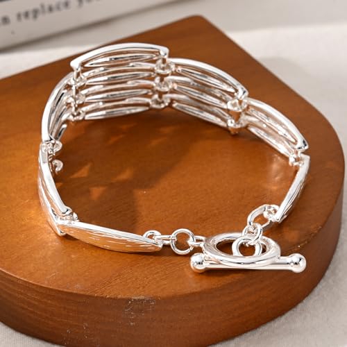 14K Gold & Silver Plated Lightweight Link Bracelet for Women | Stackable Bracelets ,14K Gold Plated Bracelets with CZ,Lightweight Trendy Chain Bracelet Jewelry Gift - style: silver diamond
