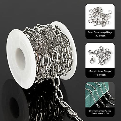 4.3 Yard Stainless Steel Jewelry Making Chain Bulk with Jump Rings and Lobster Clasps, Silver Paperclip Chain for Women Men Necklace Bracelet Jewelry DIY Making - color: Steel Rolo