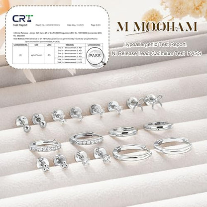M MOOHAM 9 Pairs Flat Back Earring Stack Set for Women Teen Girls | Hypoallergenic Earrings, 14K Gold Plated Huggie Hoop Stud Earring, Small Cute Bow Cartilage Earrings, Trendy Jewelry Gifts - color: Silver