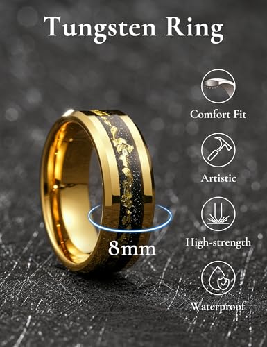 King Will Mens Wedding Band with Foils Inlay, Black/Silver/Gold | Black, 6mm/8mm, Beveled Edge, Comfort Fit, Glowstone Ring, Everyday Wear - color: Gold&Gold-8mm