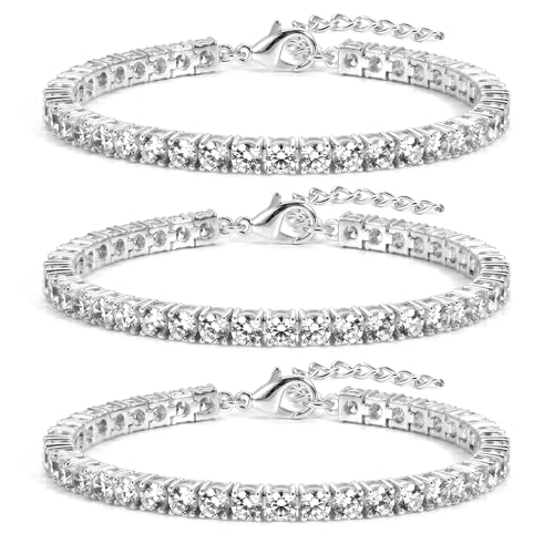 925 Sterling Silver Bracelets for Women Stack, Trendy Tennis Bangle Cuff Jewelry Set 14K Gold Plated, Adjustable Bracelet Set for Wrist Essentials, Women Fashion Watch Band Acecessories - style: Bracelet_3pcs(Silver Tennis Set 4mm)