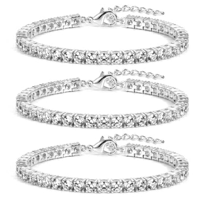 925 Sterling Silver Bracelets for Women Stack, Trendy Tennis Bangle Cuff Jewelry Set 14K Gold Plated, Adjustable Bracelet Set for Wrist Essentials, Women Fashion Watch Band Acecessories - style: Bracelet_3pcs(Silver Tennis Set 4mm)