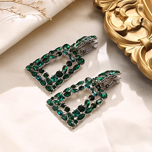 Flyonce Rectangle Clip-on Drop Earrings for Women, Sparkly Rhinestone Crystal Geometric Statement Non Pierced Earring Wedding Prom Party Jewelry for Brides Bridesmaid - color: Green Silver-Tone