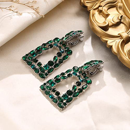 Flyonce Rectangle Clip-on Drop Earrings for Women, Sparkly Rhinestone Crystal Geometric Statement Non Pierced Earring Wedding Prom Party Jewelry for Brides Bridesmaid - color: Green Silver-Tone