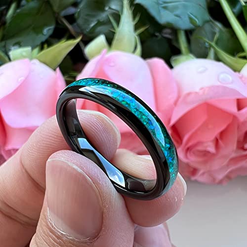 TUTISS 4mm Silver/Black Tungsten Rings for Women Men Engagement Wedding Bands Genuine Blue Green Galaxy Opal Inlay Domed Polished Comfort Fit - color: 4mm Black Tungsten Green Opal