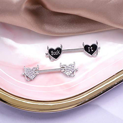 Letter Nipple Ring 14G 316L Surgical Steel Nipple Barbell Heart Shape Devil Body Piercing Jewelry for Women Men - color: Silver