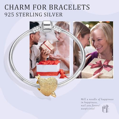 14K Gold Plated Silver Charms for Pandora, Women Heart Family Love Pet Animal Bead Dangle for Bracelets Necklace Jewelry Gift - color: B-Golden- Cupid's Arrow Heart