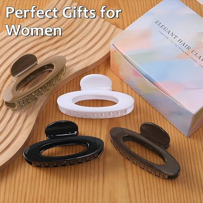 4 Pack Oval Hair Clip, 4.7" Large Durable Trendy Hair Claw Clip with Bead & Butterfly Spring, Premium PC Material Cozy Fashion Hair Claw for Thick Hair, Gift Set for Women Girls, Daily Wear - color: Classic Color 4: Black, White, Brown and khaki