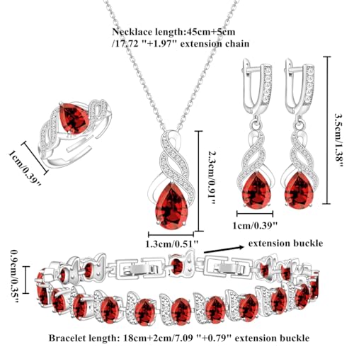 LMXXVJ Jewelry Set for Women,Teardrop Cubic Zirconia Necklace Earrings Adjustable Ring Bracelet Jewelry Set Formal Jewelry Gift - color: MHSD-White Gold-Garnet