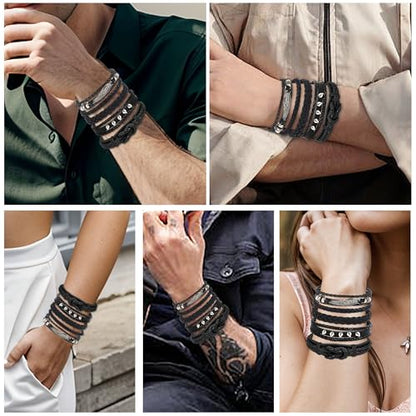 6-12PCS Braided Faux Leather Bracelet Punk Cuff Wrap Bracelets for Men Women Adjustable - color: E2:5PCS