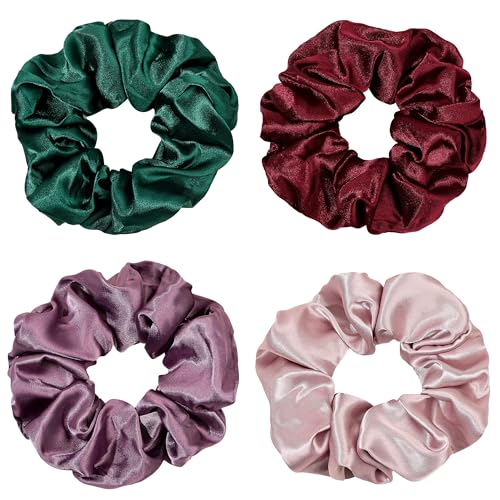 Silk Scrunchies for Girls and Women - Cute Hairties for Thick, Curl, or Fine Hair, No Crease Soft Hair Accessories, Ponytail Holders (Burgundy, Purple, Pink, Green) - color: Burgundy Purple Pink Green